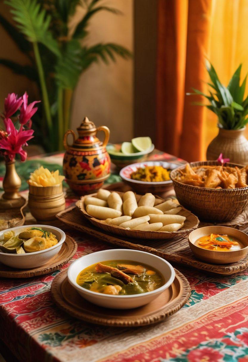 A festive table adorned with traditional Assamese dishes like fish tenga, pitha, and bamboo shoot pickle, surrounded by elegantly crafted bamboo cups filled with local drinks like 'sira' and 'chura'. The scene is vibrant and colorful, featuring intricate Assamese textiles as a tablecloth, with decorative elements like flower garlands and traditional Assamese motifs in the background, symbolizing the rich culture. super-realistic. vibrant colors. warm lighting.