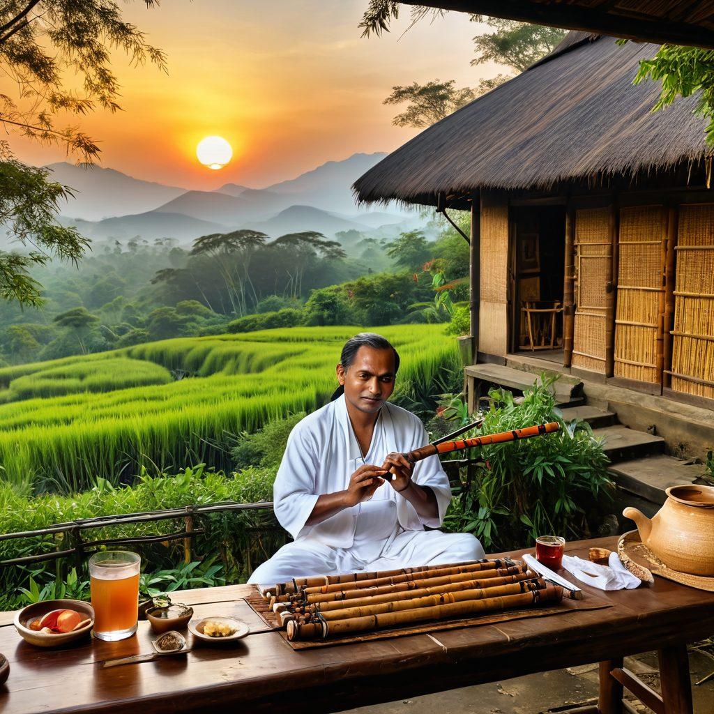 A picturesque scene of a traditional Assamese folk musician playing a bamboo flute, surrounded by colorful tea gardens and traditional bamboo huts. In the foreground, a rustic wooden table displays an array of fermented drinks in ornate glassware, with a backdrop of lush green hills and vibrant sunset hues. The scene encapsulates the rich cultural heritage of Assam. super-realistic. vibrant colors. 3D.