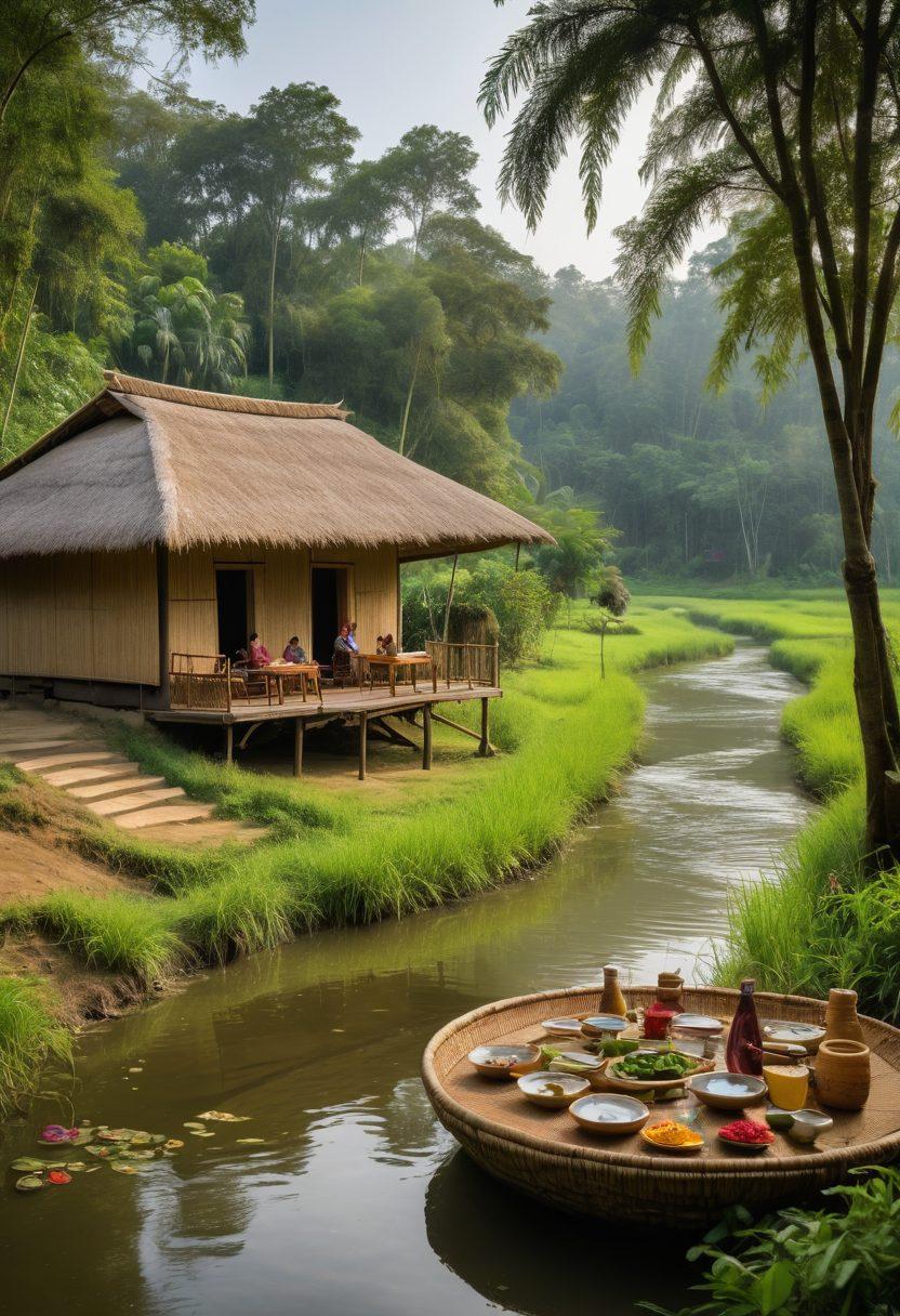 A serene Assamese village scene featuring a traditional bamboo house with a backdrop of lush green tea gardens and flowing rivers, where a group of musicians play folk instruments like the dotara and pepa. In the foreground, elegantly set wine glasses filled with traditional Assamese rice wine, adorned with floral decorations convey a rich cultural heritage. Capture the essence of celebration and community amidst nature’s beauty. vibrant colors. painting.